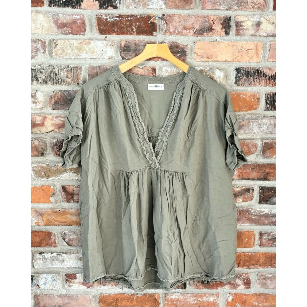 Natural Life Green Linen Blend Babydoll V Neck Short Sleeve T-shirt Top, S